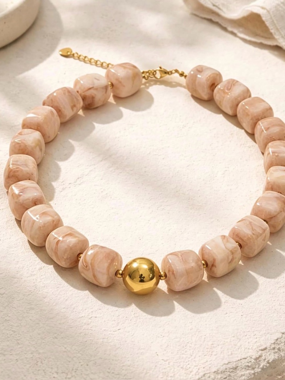 Neutral Marbled Beige Statement Bead Necklace with Gold Accents - Picture 6 of 6